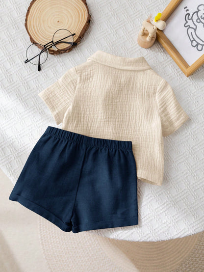 SHEIN Kids Beige Button Shirt & Navy Shorts Set - SHEIN Fast Delivery in 5 Days