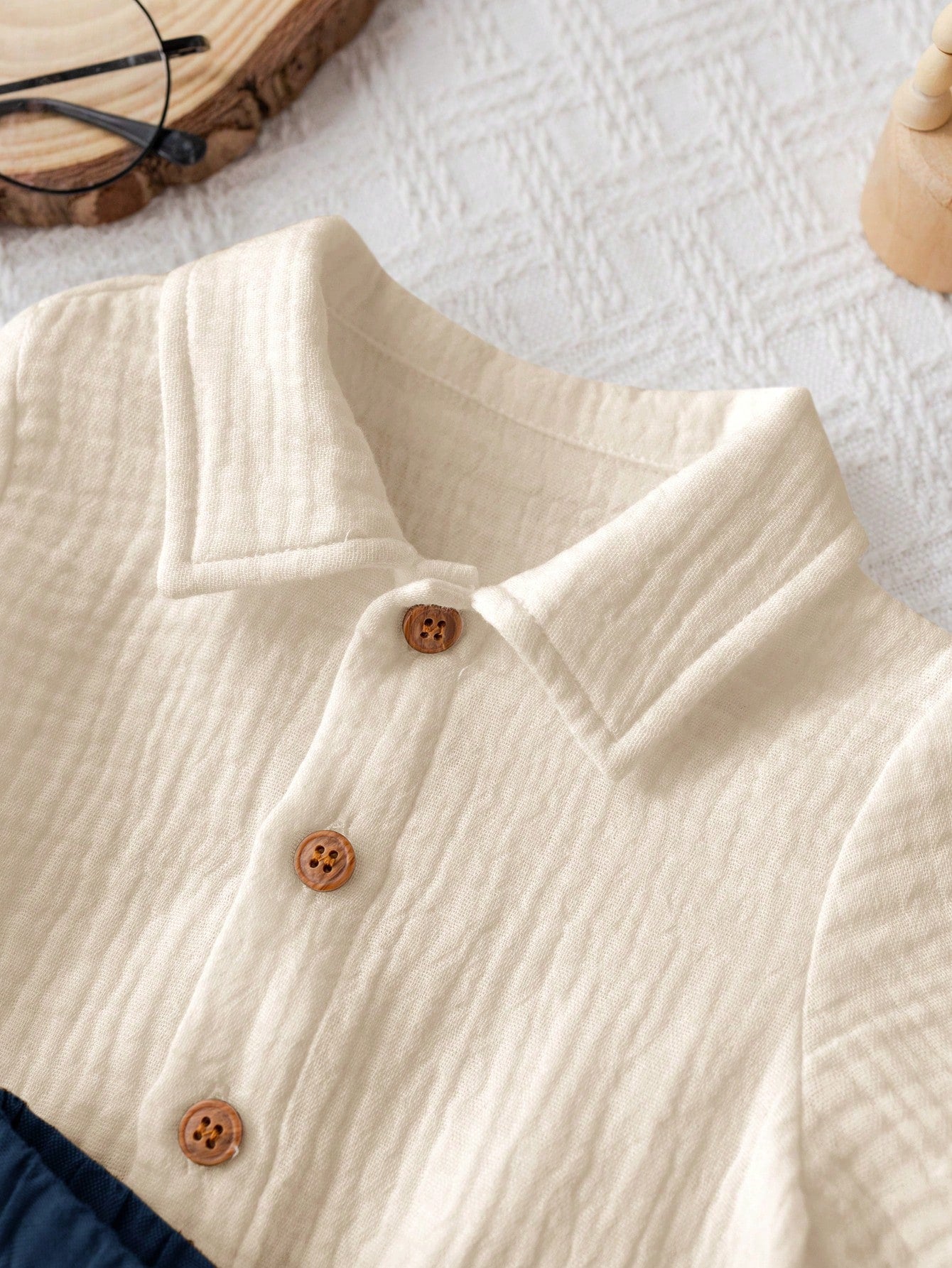 SHEIN Kids Beige Button Shirt & Navy Shorts Set - SHEIN Fast Delivery in 5 Days