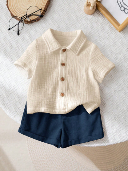 SHEIN Kids Beige Button Shirt & Navy Shorts Set - SHEIN Fast Delivery in 5 Days