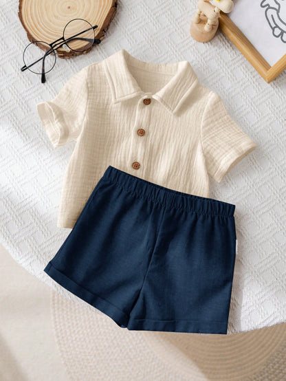SHEIN Kids Beige Button Shirt & Navy Shorts Set - SHEIN Fast Delivery in 5 Days