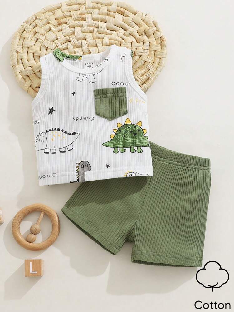 Baby Dinosaur Print Sleeveless Top and Ribbed Shorts Set – Soft Cotton Blend Toddler Outfit – White Green