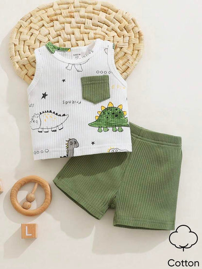 Baby Dinosaur Print Sleeveless Top and Ribbed Shorts Set – Soft Cotton Blend Toddler Outfit – White Green