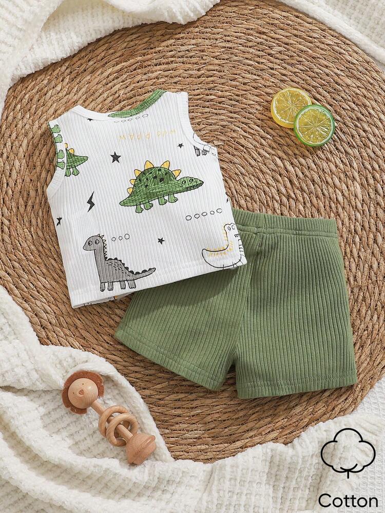 Baby Dinosaur Print Sleeveless Top and Ribbed Shorts Set – Soft Cotton Blend Toddler Outfit – White Green