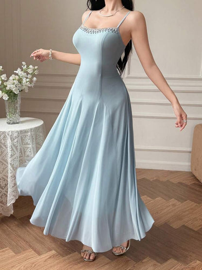 Ice Blue Rhinestone Trim Elegant Maxi Dress – Sleeveless Flowy Occasion Dress for Women