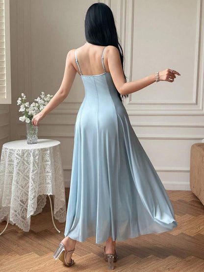 Ice Blue Rhinestone Trim Elegant Maxi Dress – Sleeveless Flowy Occasion Dress for Women