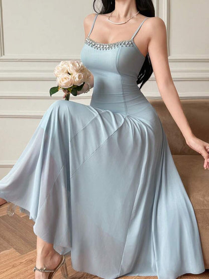 Ice Blue Rhinestone Trim Elegant Maxi Dress – Sleeveless Flowy Occasion Dress for Women