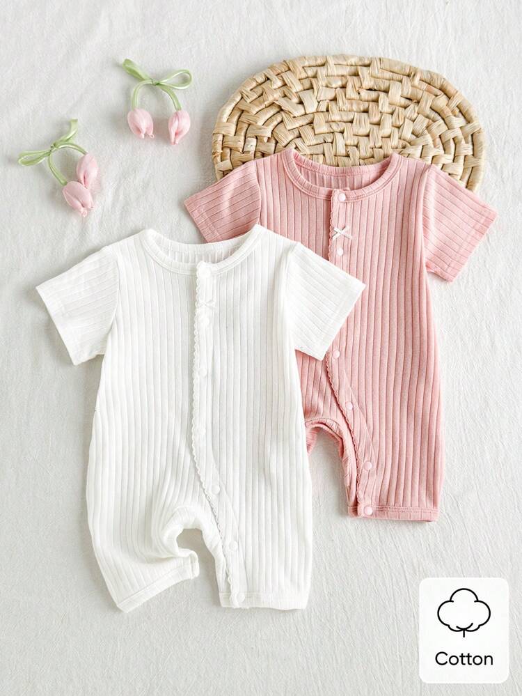 Baby Ribbed Cotton Short Sleeve Romper – Button Front One-Piece Jumpsuit