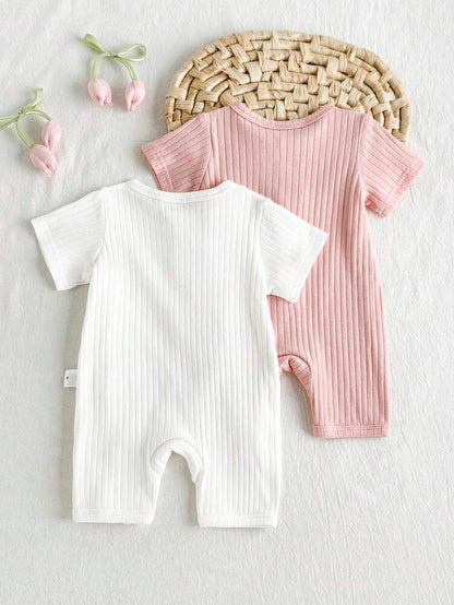 Baby Ribbed Cotton Short Sleeve Romper – Button Front One-Piece Jumpsuit