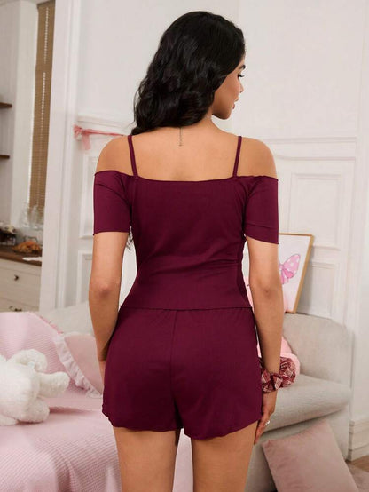 Women’s Burgundy Off Shoulder Lounge Set – Ruched Top & Shorts Two Piece Pajama Set