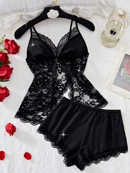 Black Satin Lace Lingerie Set – Elegant Lace Cami & Shorts Sleepwear