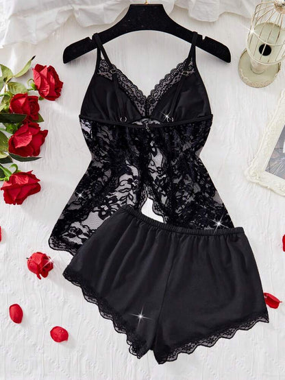 Black Satin Lace Lingerie Set – Elegant Lace Cami & Shorts Sleepwear
