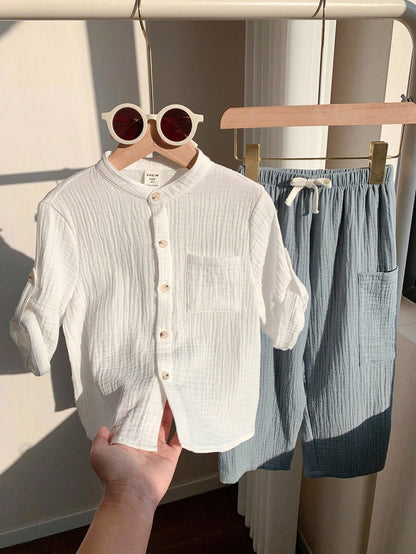Baby Boy White Gauze Shirt and Blue Pants Set – Soft Breathable Casual Summer Outfit