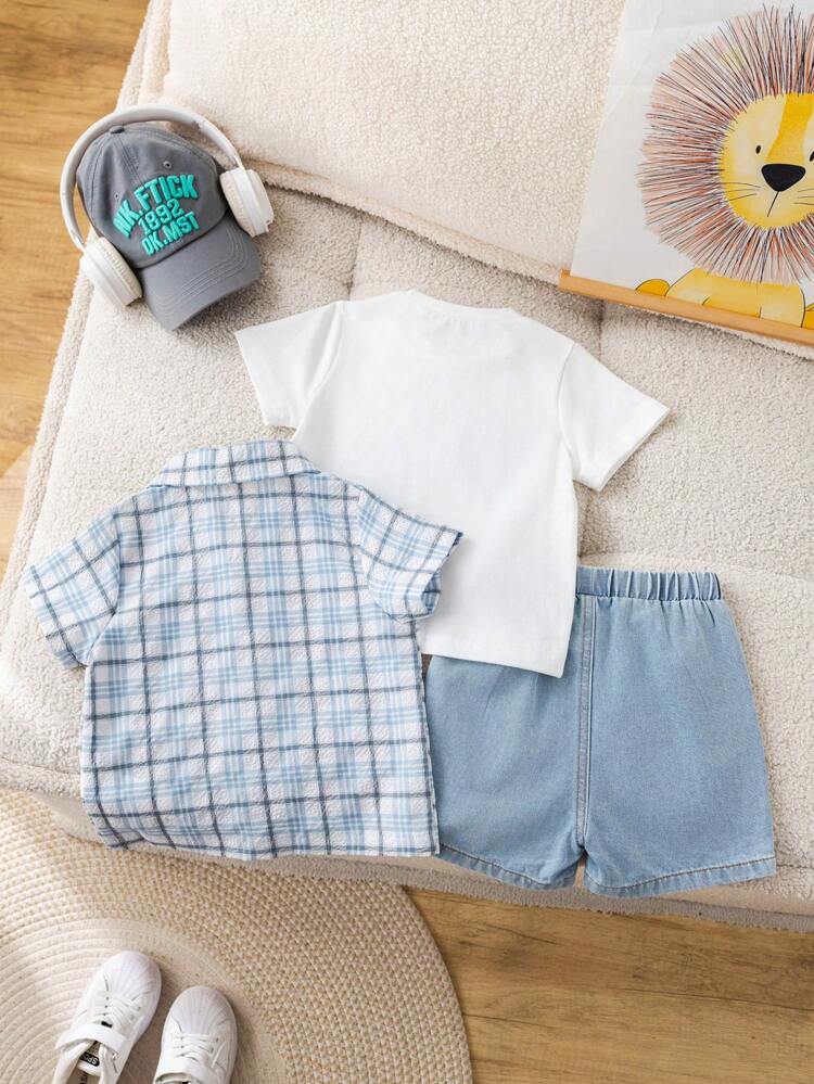 Baby Boy 3-Piece Summer Outfit Set – Plaid Shirt, Graphic T-Shirt & Denim Shorts