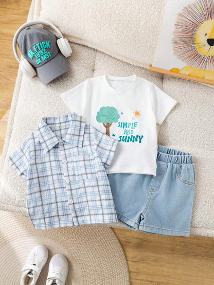 Baby Boy 3-Piece Summer Outfit Set – Plaid Shirt, Graphic T-Shirt & Denim Shorts