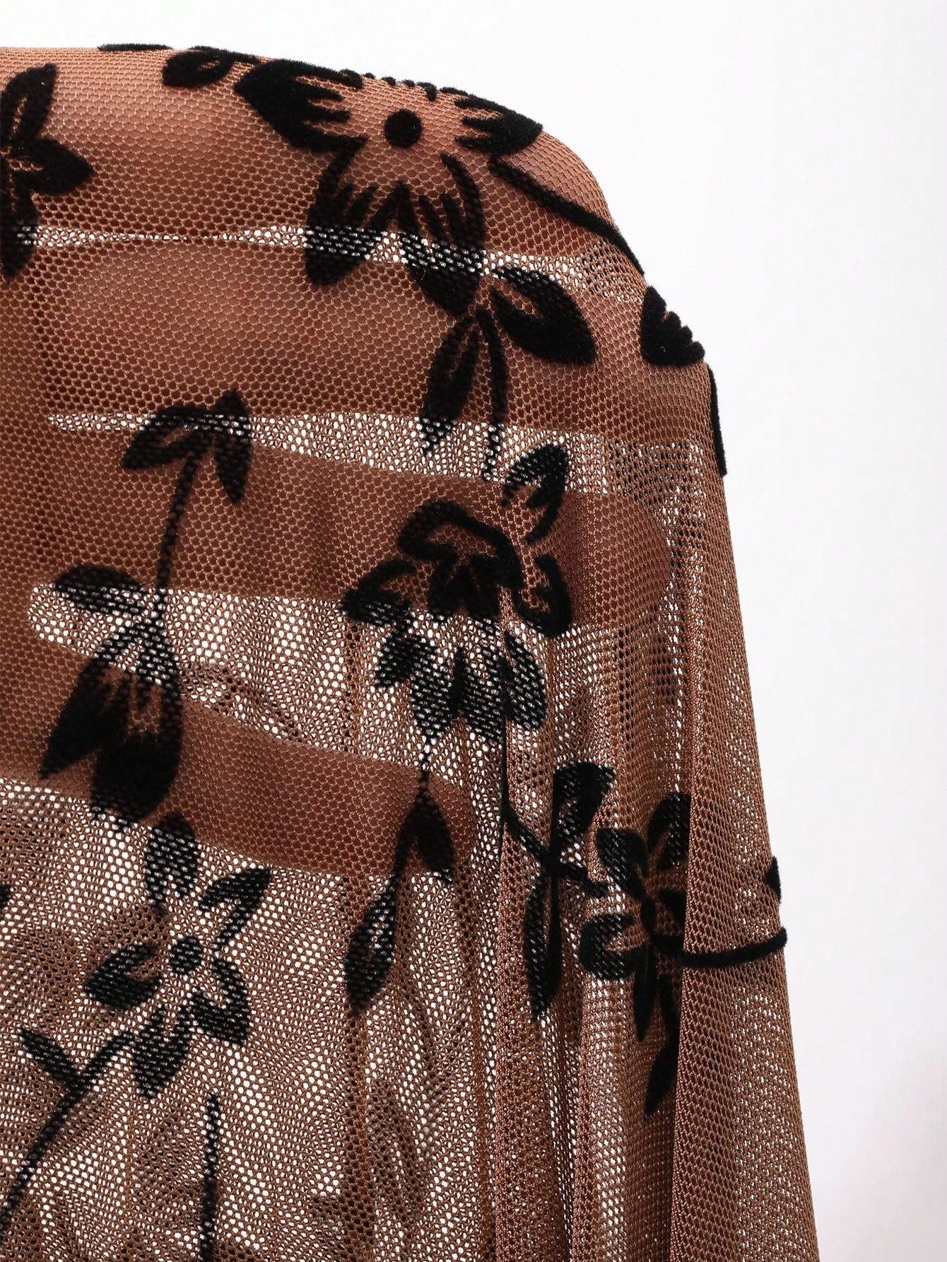 Women’s Brown Sheer Floral Mesh Long Sleeve Crop Top
