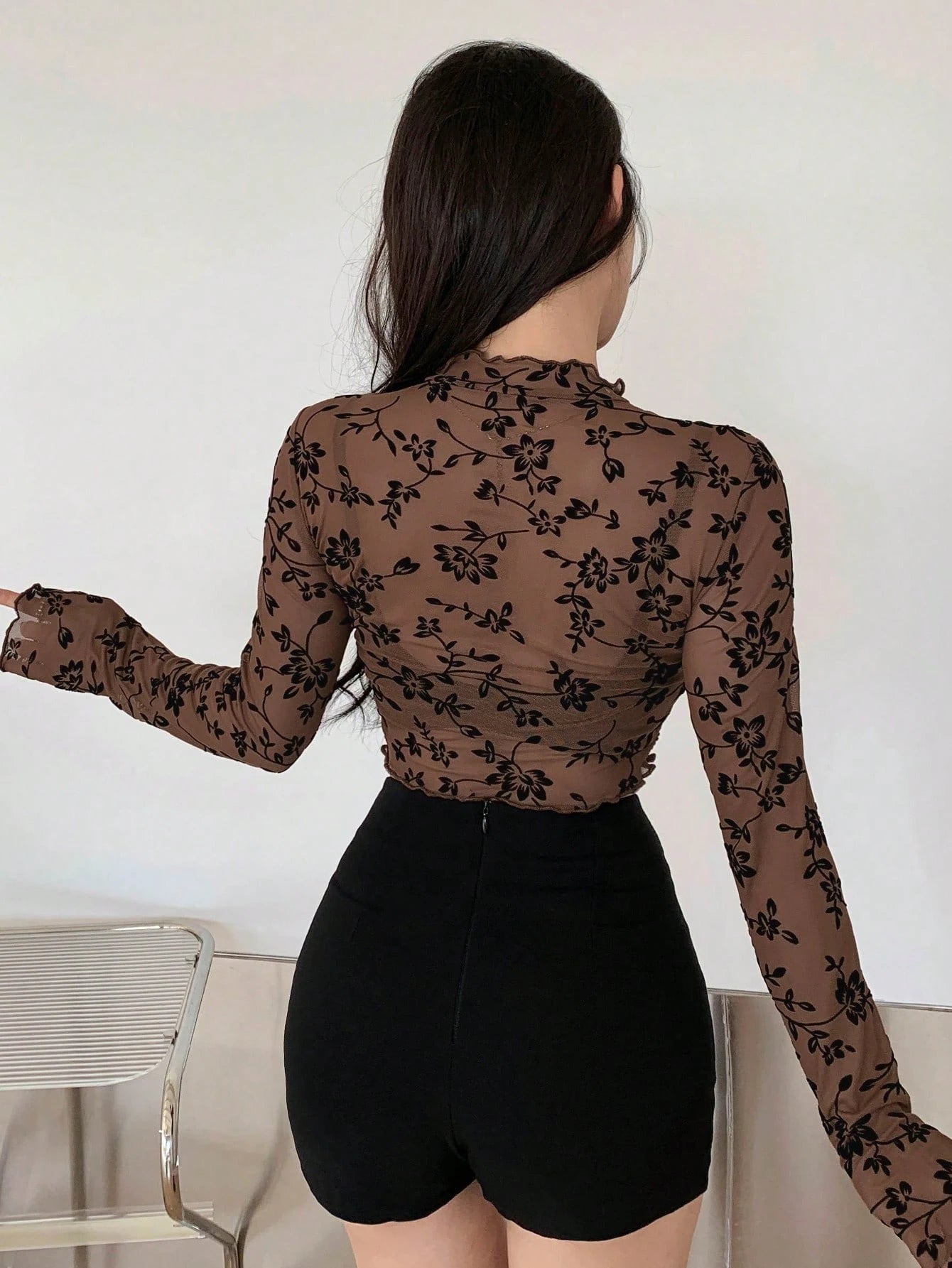 Women’s Brown Sheer Floral Mesh Long Sleeve Crop Top