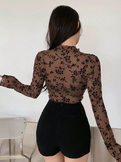 Women’s Brown Sheer Floral Mesh Long Sleeve Crop Top