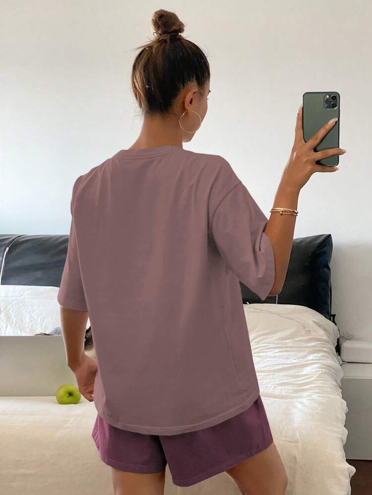 Women’s Oversized Tee & Shorts Lounge Set – Dusty Mauve Casual Pajama Two Piece Set