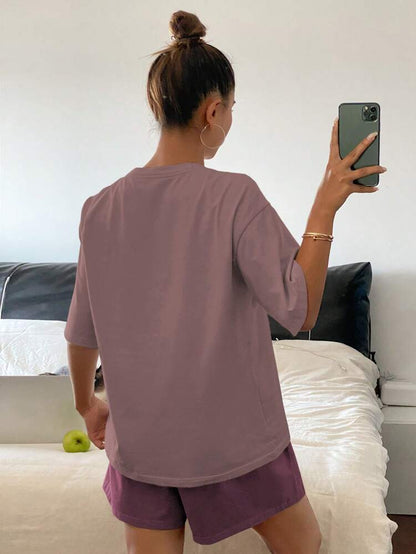 Women’s Oversized Tee & Shorts Lounge Set – Dusty Mauve Casual Pajama Two Piece Set