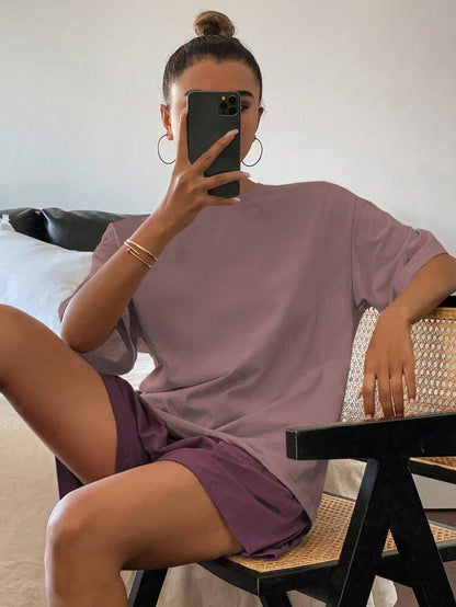 Women’s Oversized Tee & Shorts Lounge Set – Dusty Mauve Casual Pajama Two Piece Set