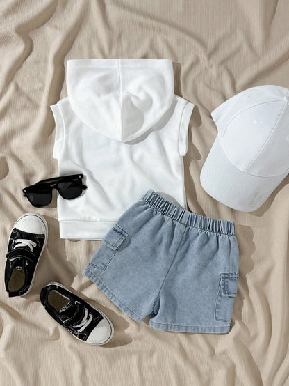 Baby Boy White Sleeveless Hoodie and Denim Shorts Set – Brooklyn Print Casual Summer Outfit