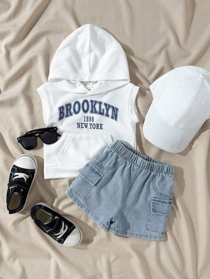 Baby Boy White Sleeveless Hoodie and Denim Shorts Set – Brooklyn Print Casual Summer Outfit