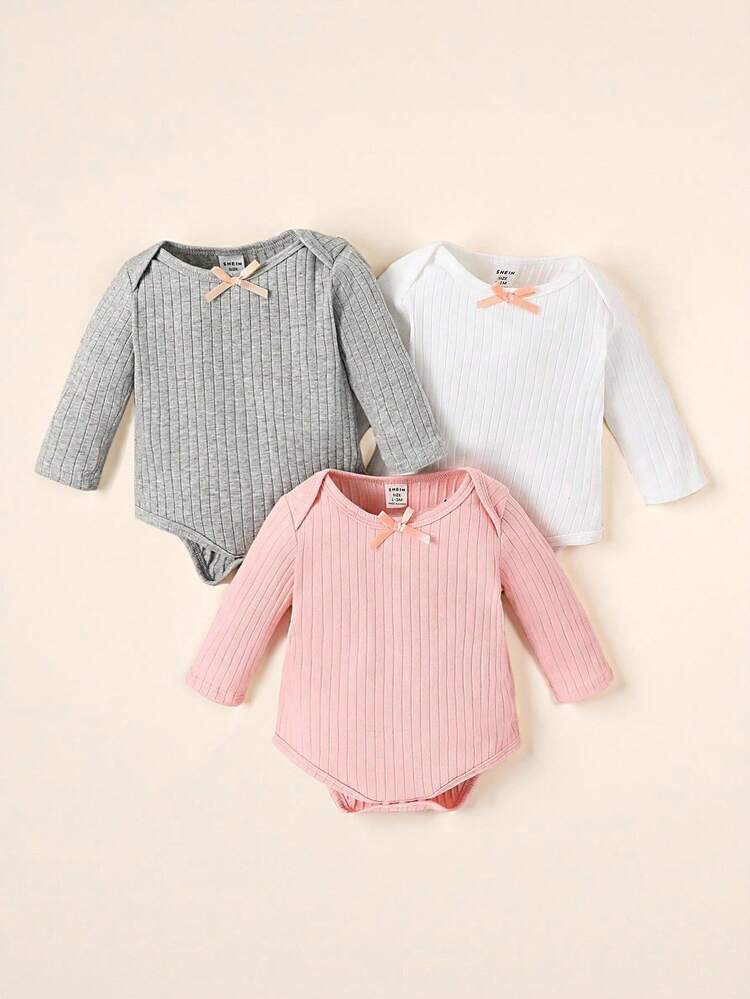 Baby Girls 3-Pack Ribbed Long Sleeve Bodysuits – Soft Snap Closure Onesie Set