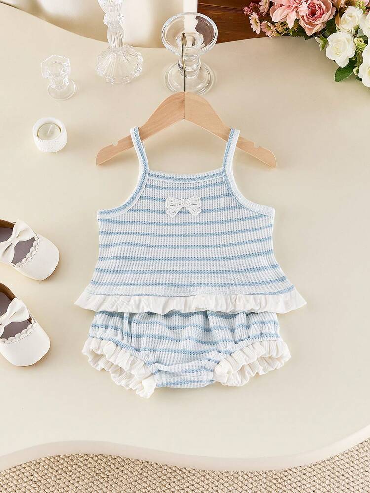 Baby Girl 2-Piece Ribbed Stripe Outfit – Blue Sleeveless Ruffle Top & Bloomer Shorts Set
