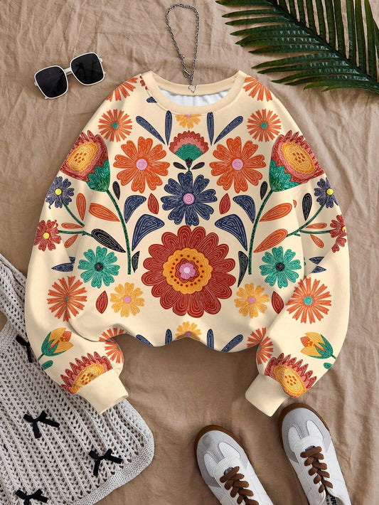 Floral Printed Oversized Sweatshirt – Vintage Boho Long Sleeve Top