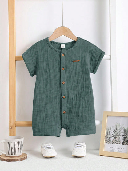 Baby Boy Green Cotton Gauze Summer Outfit – Short Sleeve Button Shirt with Matching Shorts – Soft Casual Set