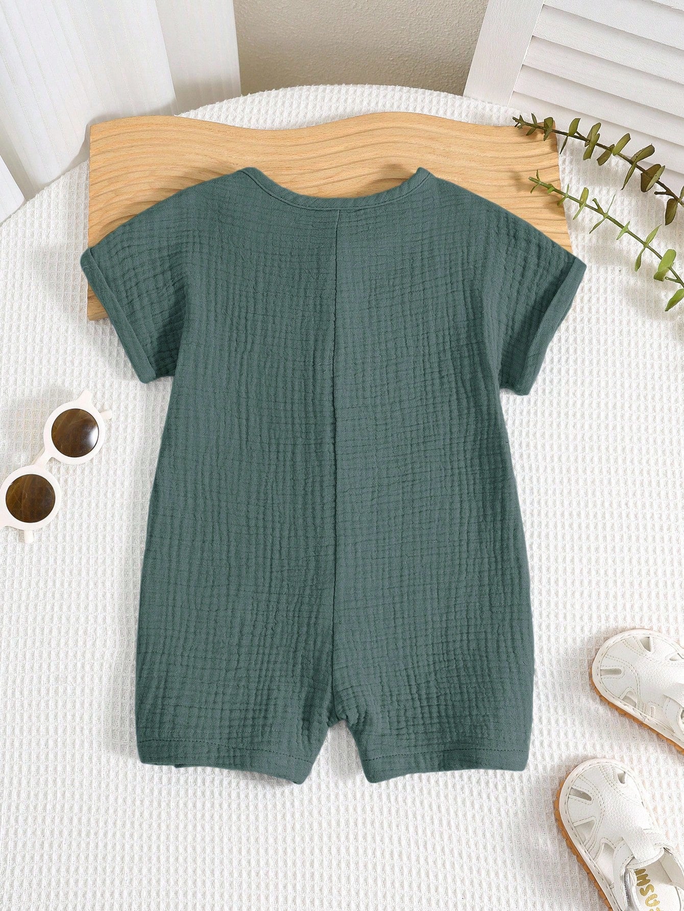 Baby Boy Green Cotton Gauze Summer Outfit – Short Sleeve Button Shirt with Matching Shorts – Soft Casual Set