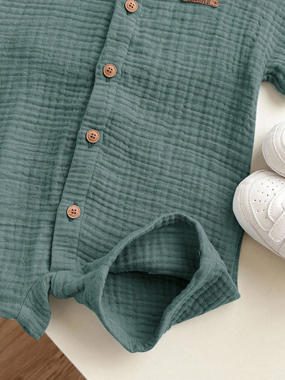 Baby Boy Green Cotton Gauze Summer Outfit – Short Sleeve Button Shirt with Matching Shorts – Soft Casual Set