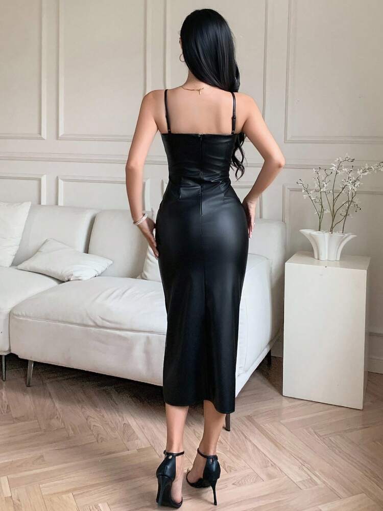 Black Faux Leather Bodycon Midi Dress – Spaghetti Strap Split Party Dress for Women