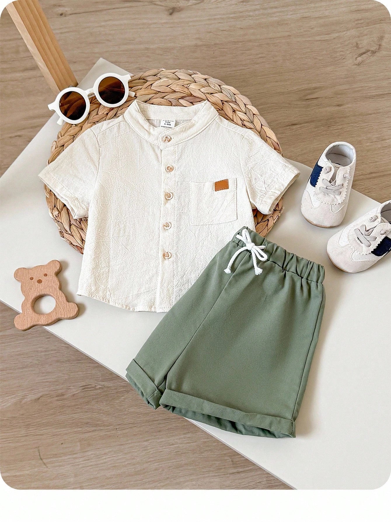 Baby Boy Summer Outfit – Off White Button Shirt with Olive Green Shorts – Soft Casual Set