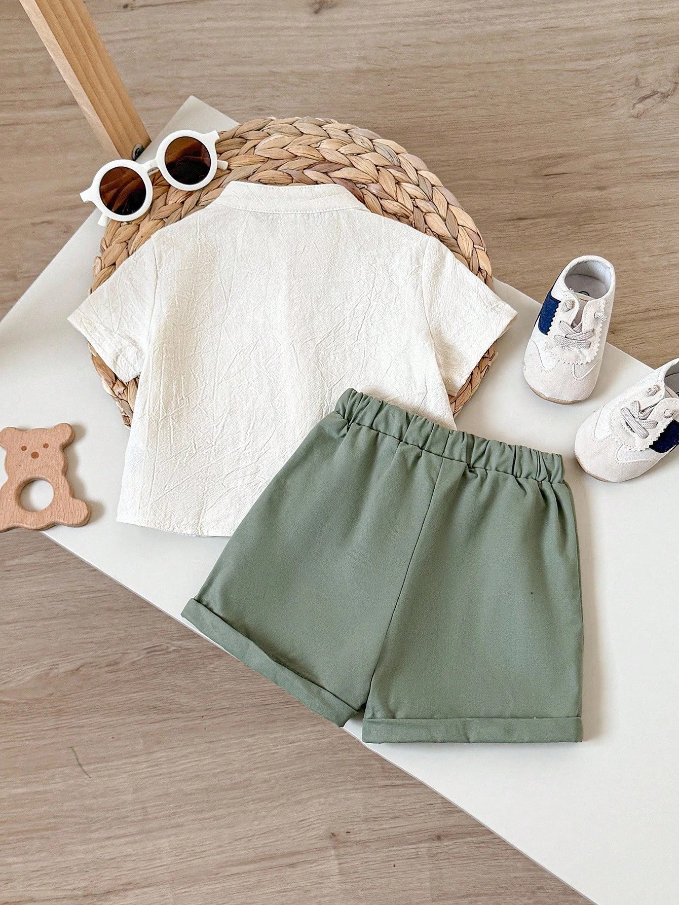 Baby Boy Summer Outfit – Off White Button Shirt with Olive Green Shorts – Soft Casual Set