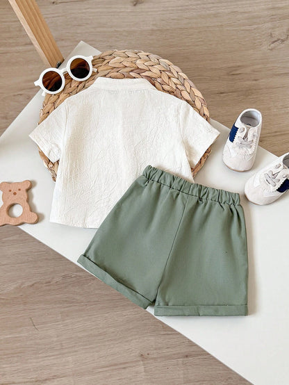Baby Boy Summer Outfit – Off White Button Shirt with Olive Green Shorts – Soft Casual Set