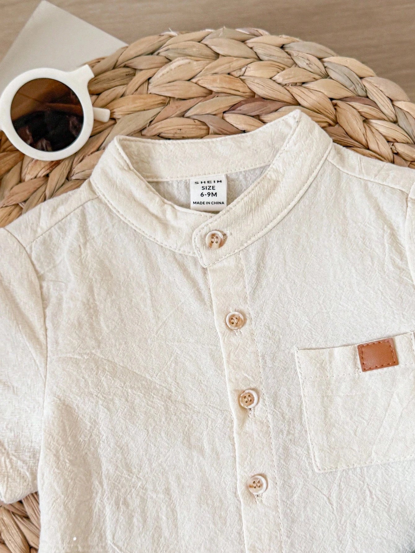 Baby Boy Summer Outfit – Off White Button Shirt with Olive Green Shorts – Soft Casual Set