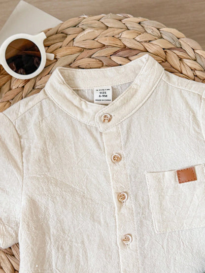 Baby Boy Summer Outfit – Off White Button Shirt with Olive Green Shorts – Soft Casual Set