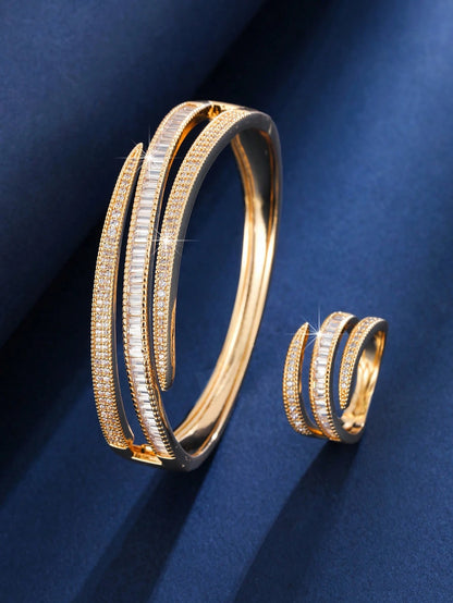 Luxury Gold Crystal Bracelet & Ring Set – Elegant Zircon Jewelry Set for Women