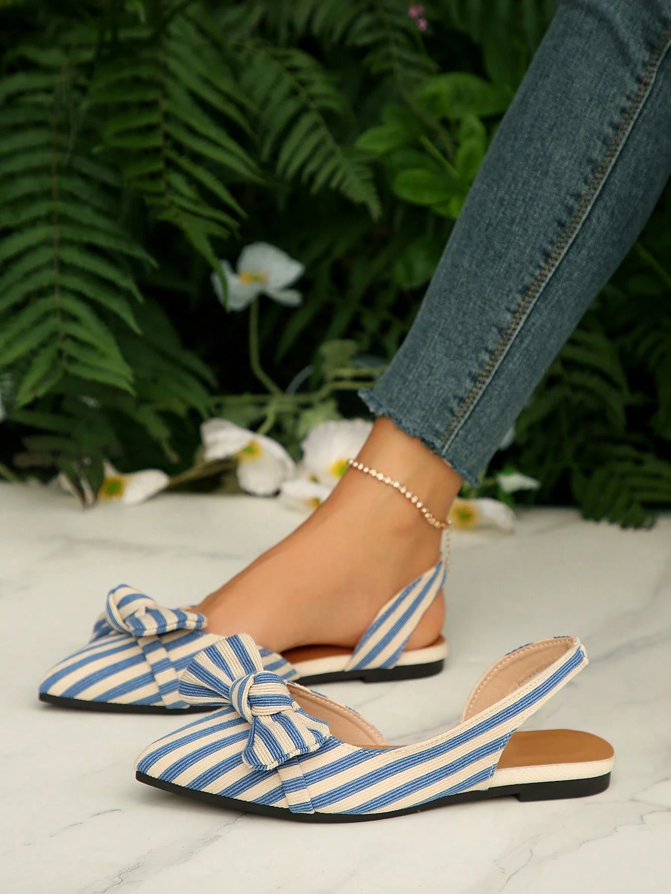 Women’s Blue Striped Slingback Flats – Pointed Toe Bow Detail – Casual Chic Summer Shoes