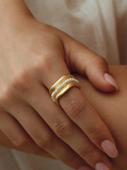 Women Gold Pearl Ring – Elegant Layered Adjustable Ring