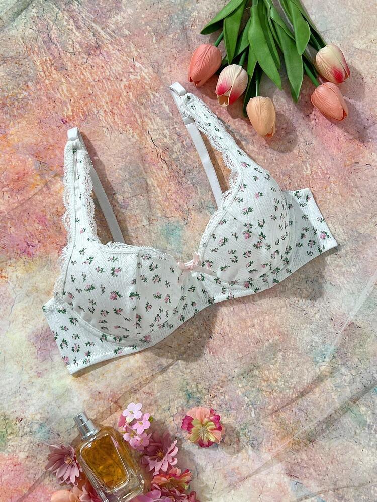 White Floral Print Push Up Bra for Women – Underwire Padded Bra – Lace Trim Shein Style Feminine Lingerie