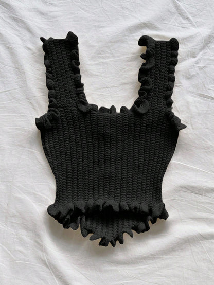 Women’s Black Ruffle Knit Crop Tank Top
