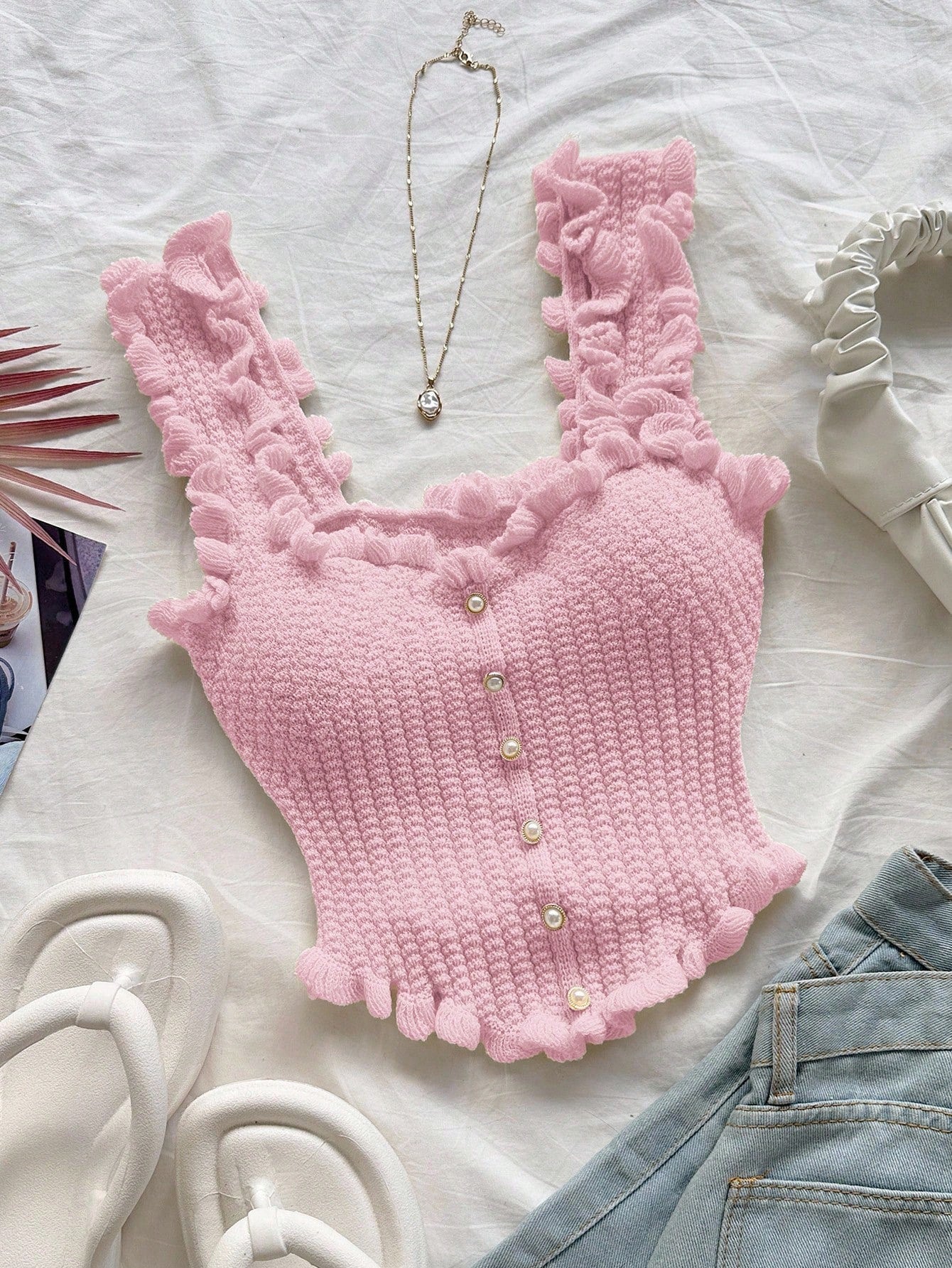Women’s Pink Ruffle Knit Crop Tank Top