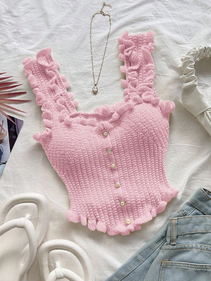 Women’s Pink Ruffle Knit Crop Tank Top