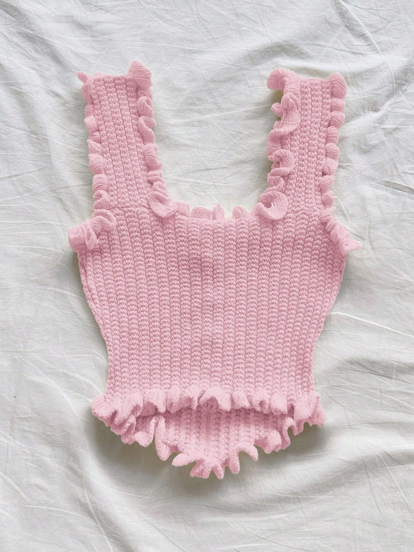Women’s Pink Ruffle Knit Crop Tank Top