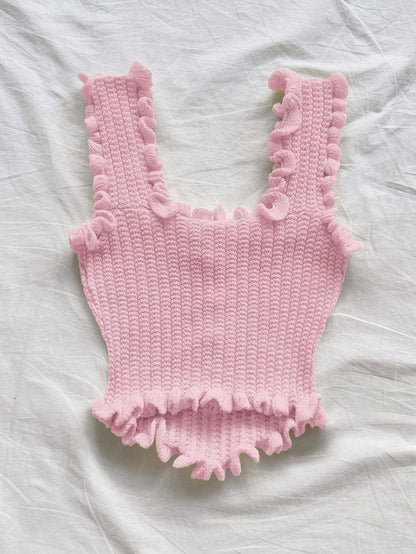 Women’s Pink Ruffle Knit Crop Tank Top