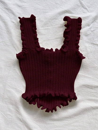 Women’s Burgundy Ruffle Knit Crop Tank Top