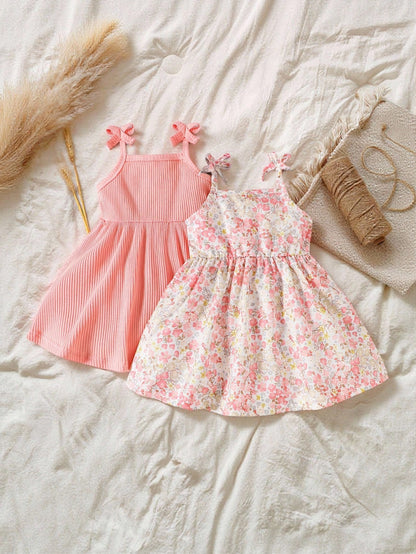 Girls Pink Ribbed Dress & Cream Floral Dress Set