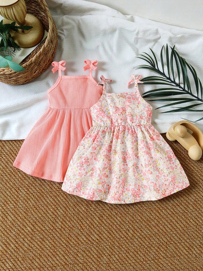 Girls Pink Ribbed Dress & Cream Floral Dress Set